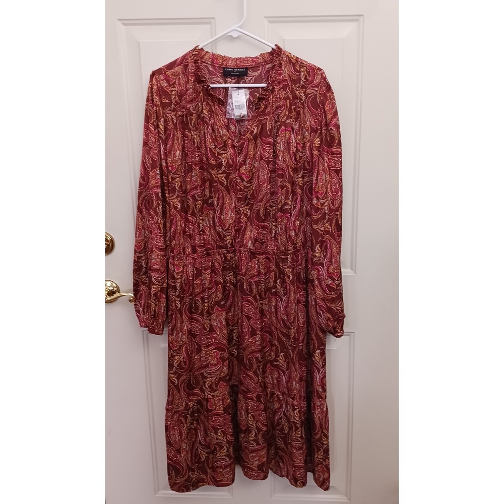 New Lane Bryant Midi Dress Womens Size 24 Pockets Brown Paisley Satin Prairie